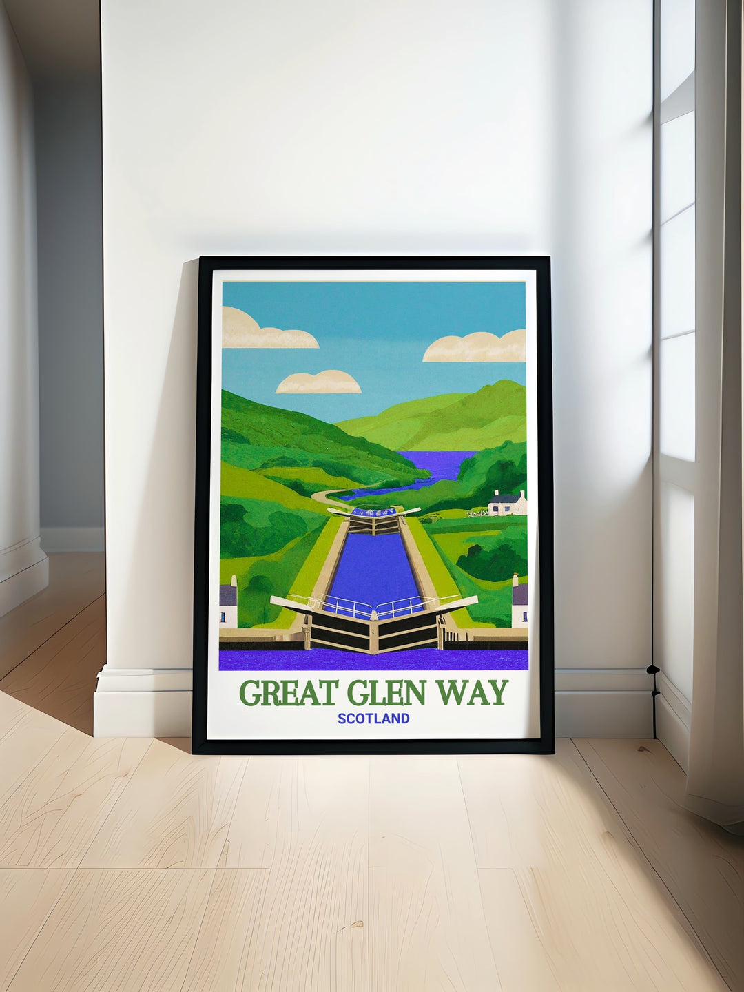 Fort Augustus modern prints showcasing the beautiful landscapes of the Scottish Highlands and Great Glen Way perfect for adding elegance to your home with stunning Scotland travel art and Scottish hiking designs inspired by Fort William and Inverness scenery