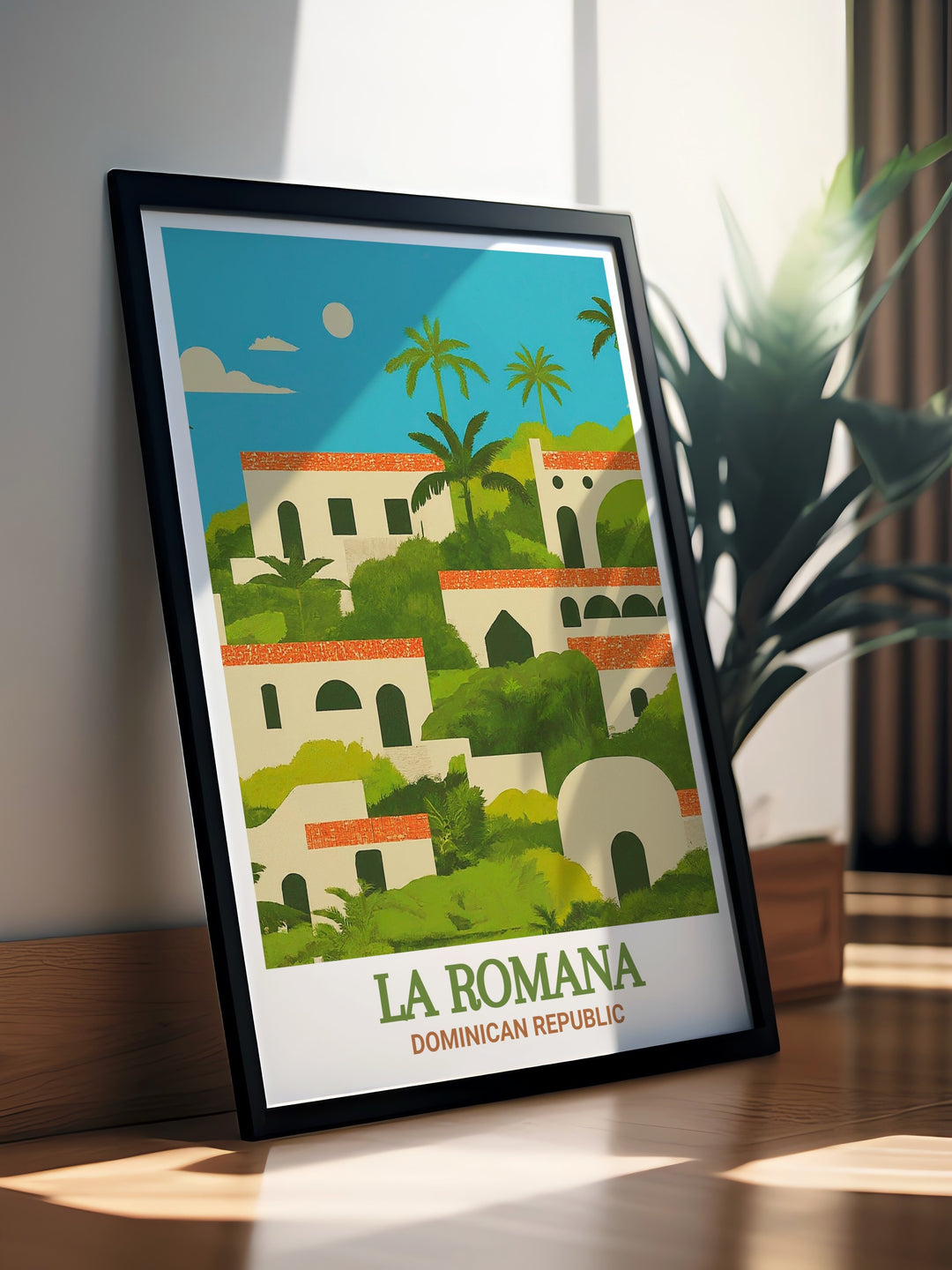 Stunning visuals of La Romanas Altos de Chavón are showcased in this travel poster, with its cobblestone streets and rustic buildings. The artwork is a perfect reminder of the Caribbeans charm, making it a beautiful addition to your collection.