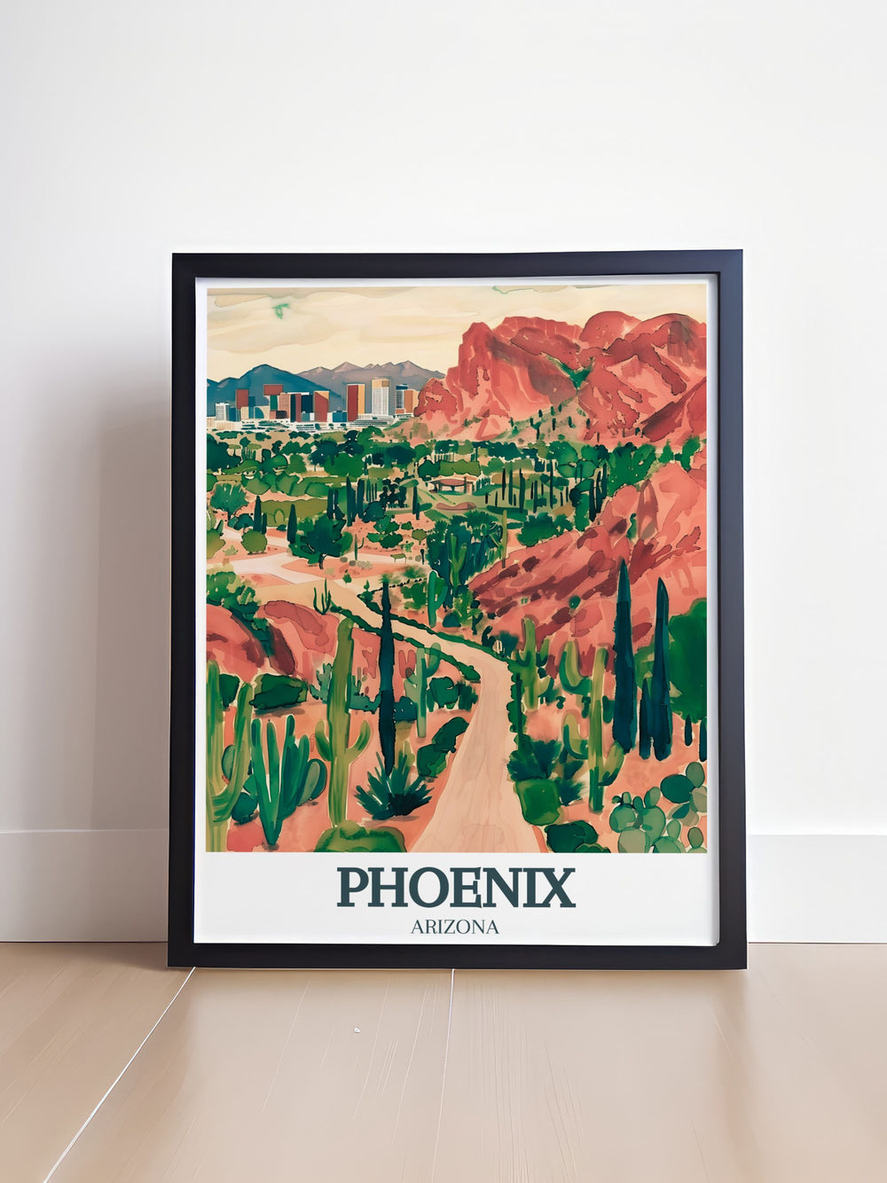 Phoenix Travel Poster showcasing the beauty of Camelback Mountains rocky peaks and the vibrant flora of the Desert Botanical Garden. This framed art brings the spirit of Arizona into your living space.