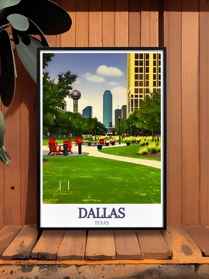 Dallas skyline and Klyde Warren Park art print designed for modern home decor and Texas lovers This travel print offers a unique way to bring the heart of Dallas into your space with its elegant depiction of the citys iconic landmarks