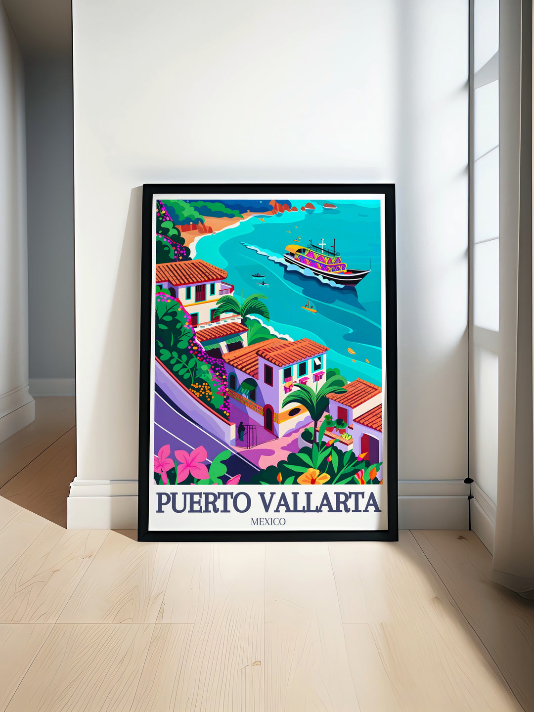 A sleek black and white Puerto Vallarta travel print capturing the beauty of the citys famous beach and Panga boats. The fine lines and minimalist design make this print a versatile decor option for any home or office, perfect for gifts or personal enjoyment.