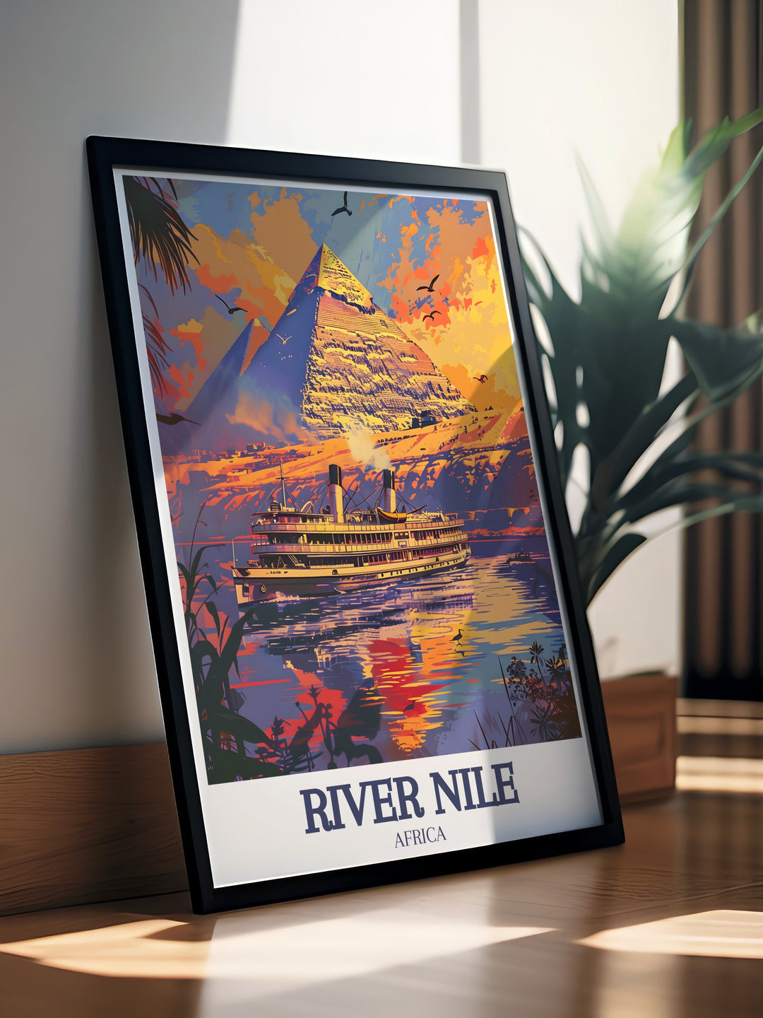 Bring the majesty of Egypt into your home with this River Nile Poster showcasing the timeless beauty of the Nile as it meanders through Egypts landscapes with the Pyramids of Giza standing tall. Perfect for those who appreciate the wonders of ancient civilizations.