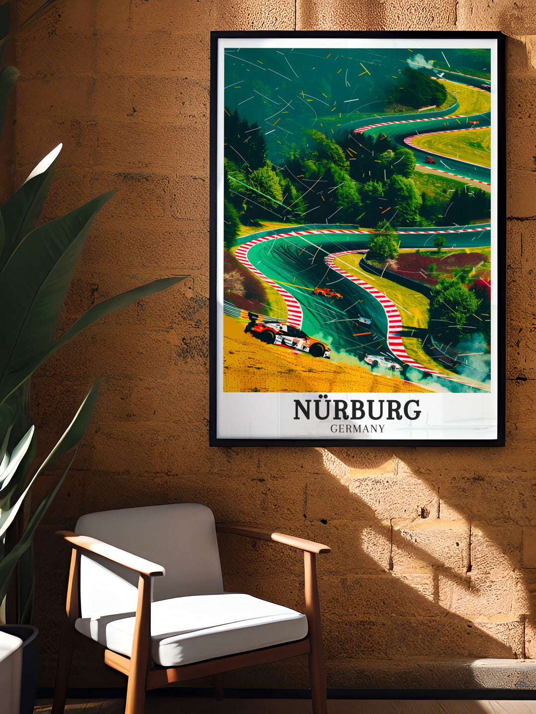 A perfect gift for motorsport enthusiasts, this Nürburg travel poster features the iconic Nürburgring and its treacherous Nordschleife loop. Ideal for decorating a racing fans office or home, this piece celebrates German engineering and motorsport excellence.