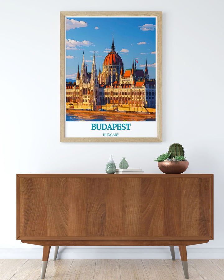 Colorful Budapest art print featuring the Parliament Building a beautiful piece for living room decor or as a thoughtful gift