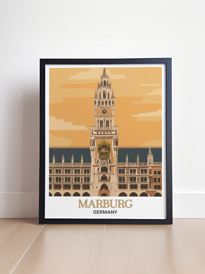 Enhance your decor with this custom print of Marburgs Rathaus. The detailed artwork showcases the Town Halls impressive architecture and its role in German history, making it a standout piece in any collection. This print is perfect for those looking to add a touch of history and elegance to their home