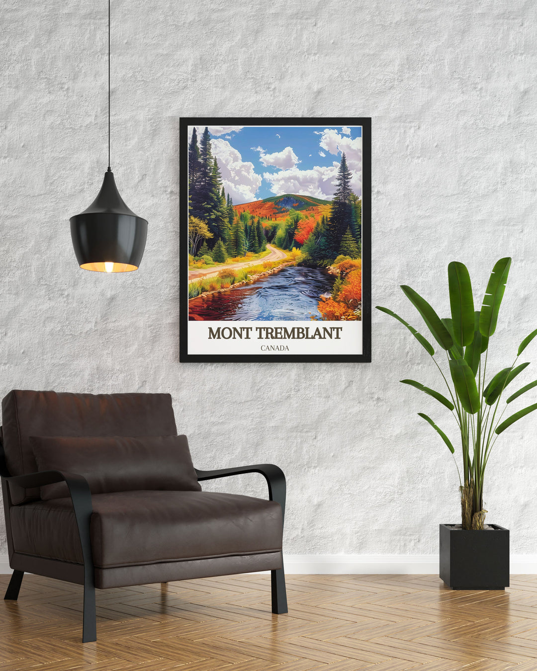 Vintage ski poster of Mont Tremblant National Park showcasing the majestic Laurentian Mountains and serene snowy slopes an ideal addition to any ski enthusiasts collection or as a captivating piece of wall art for nature lovers and adventure seekers.