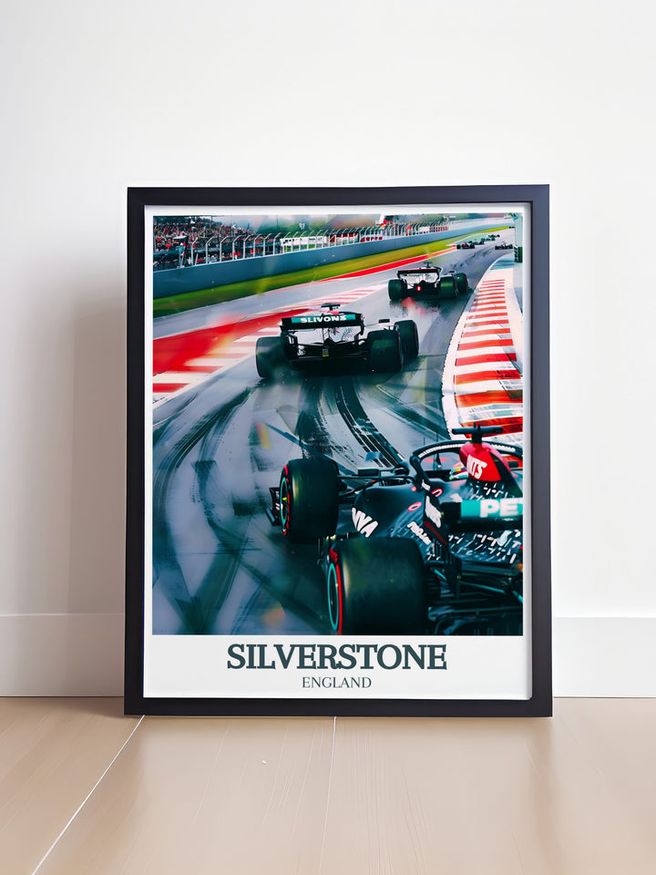 Silverstone Circuit Silverstone Wing artwork capturing the thrill and speed of racing with a focus on the Silverstone Wing. This racing poster makes an excellent addition to your wall decor and sports home decor.