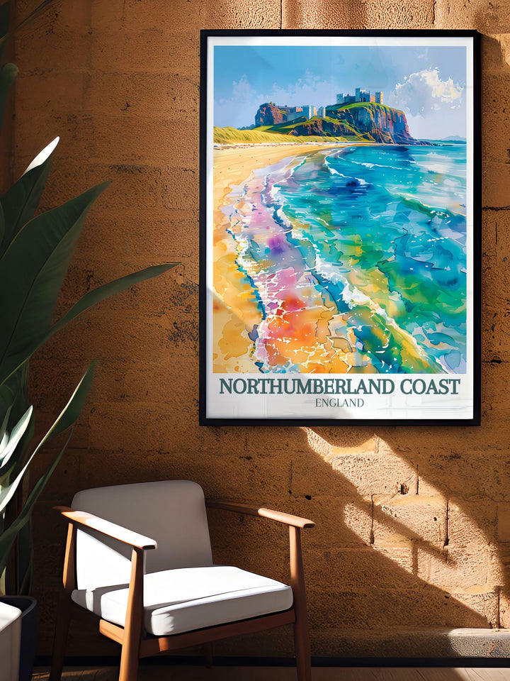 Seaside Travel Print showcasing the serene Northumberland Coast with Bamburgh Castle and Dunstanburgh Castle adding a touch of tranquility and elegance to your living space with its detailed depiction