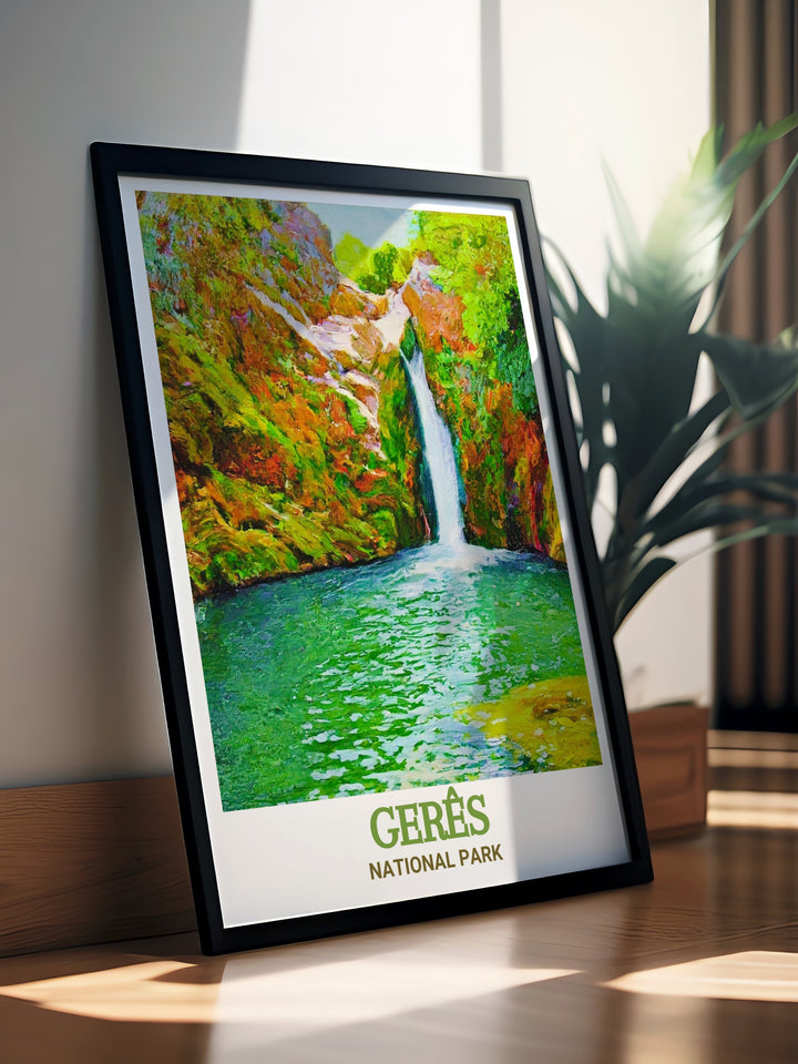 Bring the beauty of Geres National Park into your home with this stunning art print of Arado Waterfall perfect for creating a serene and peaceful atmosphere in your living room this wall art is ideal for nature enthusiasts and those who love unique travel gifts