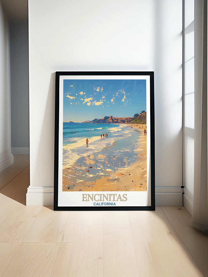 Encinitas wall art features the peaceful shores of Moonlight State Beach, offering a beautiful representation of Californias beach culture. This travel poster makes a great gift for those who love the sea, surf, and the relaxed lifestyle of Southern California.