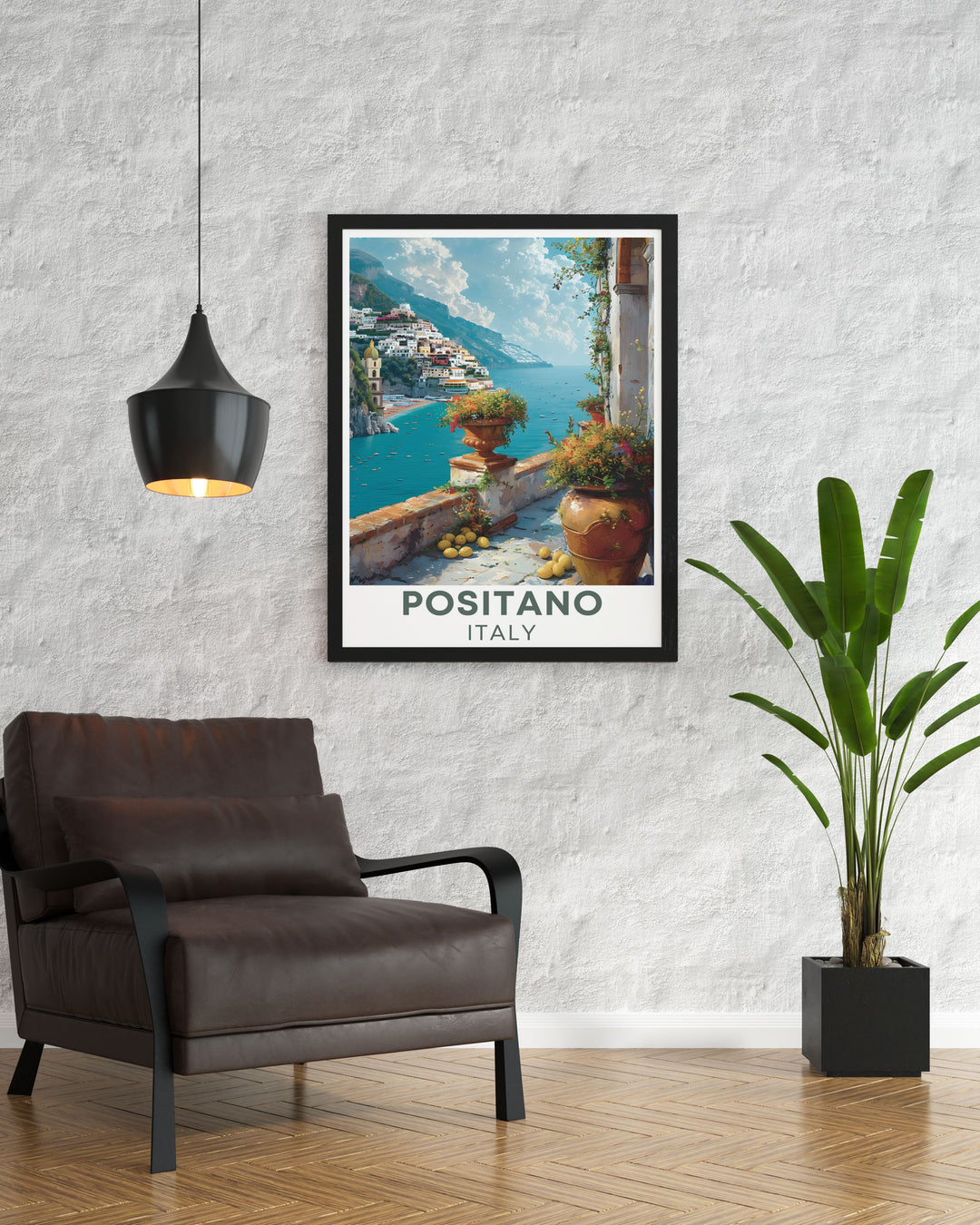 Beautiful Via Positanesi d America Travel poster showcasing the iconic Positano streets with colorful Mediterranean landscapes an ideal addition to any wall art collection perfect for adding charm and warmth to home decor and a lovely reminder of the Amalfi Coast