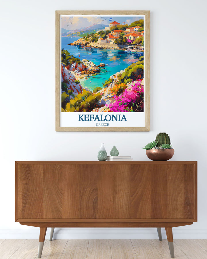 Captivating view of Assos Village, featuring the ruins of a 16th century Venetian castle and the surrounding sea. The print celebrates the villages historical significance and stunning natural scenery.
