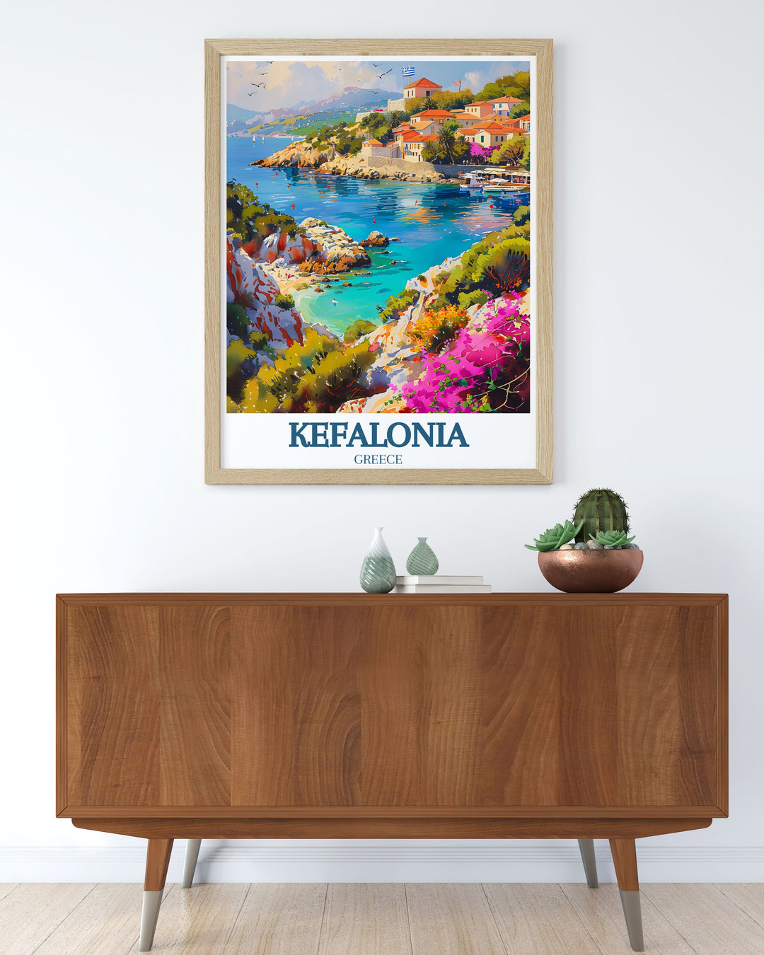 Escape to Kefalonia with this travel print, highlighting the peaceful Assos Village and the vibrant coastline of the Ionian Islands, perfect for any lover of Greek island art.