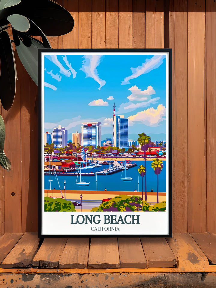 Long Beach Cityscape featuring Belmont Shore Long Beach Downtown is the perfect addition to any living room decor. The modern prints capture the vibrant essence of Californias coastal life while providing an ideal personalized gift for fans of travel and city posters.