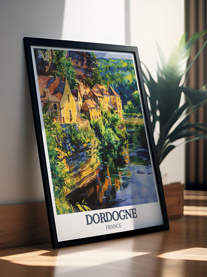 Exquisite Dordogne River and La Roque Gageac wall art featuring the golden hued stone buildings and tranquil river views a perfect addition to any France home decor collection