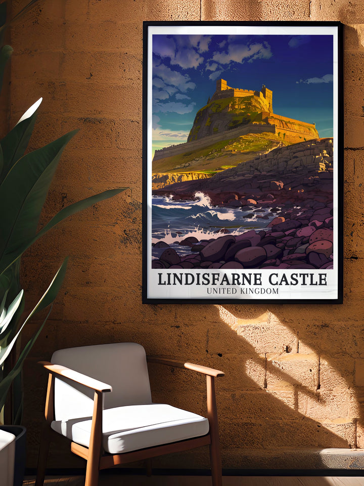 Lindisfarne Castle Wall Art presenting a detailed and vibrant portrayal of the castle and its surroundings, with the North Sea providing a stunning backdrop. This wall art captures the essence of Northumberlands coastal beauty and is perfect for any home.