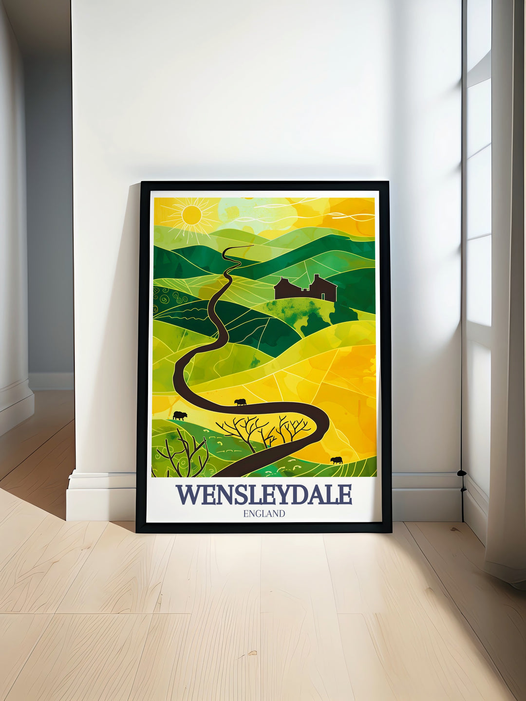 Perfect for travel lovers and adventurers, this Wensleydale poster captures the scenic beauty of North Yorkshires Yorkshire Dales. The retro design and peaceful landscapes make it an excellent choice for home décor, adding a calming and nostalgic feel to any room.