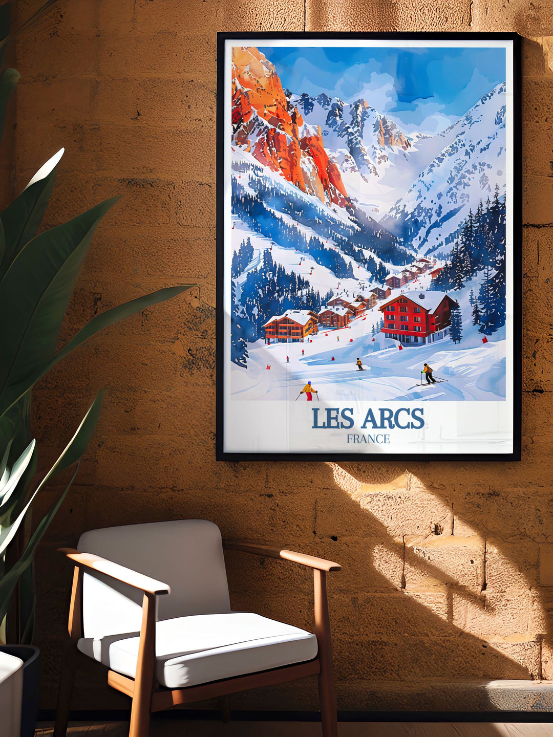 Stunning Les Arcs print with Aiguille Rouge Mont Blanc ideal for adding a touch of vintage ski poster charm to your living room or office and celebrating the thrill of skiing