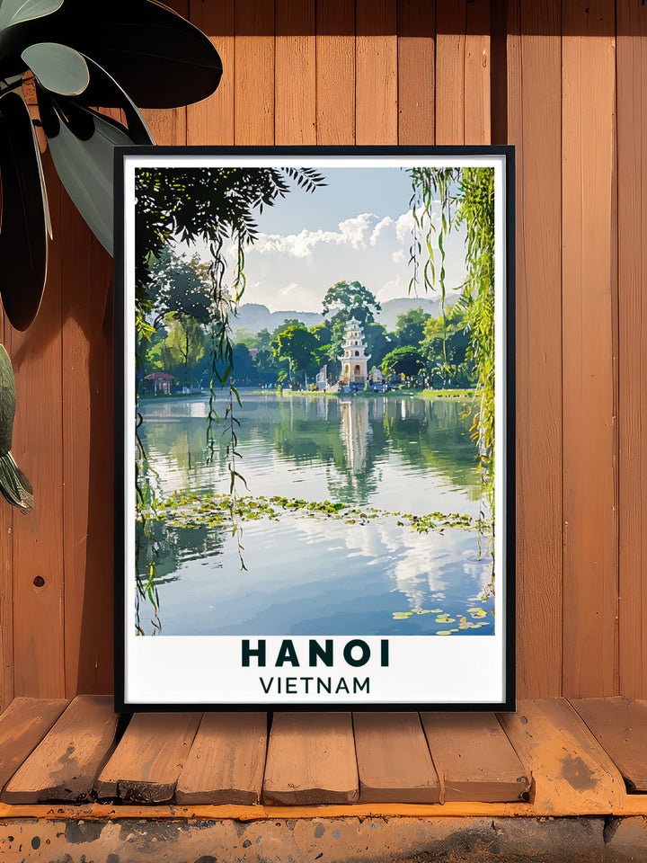 This travel poster of Hoan Kiem Lake highlights the tranquil beauty and historical significance of one of Hanois most beloved landmarks.