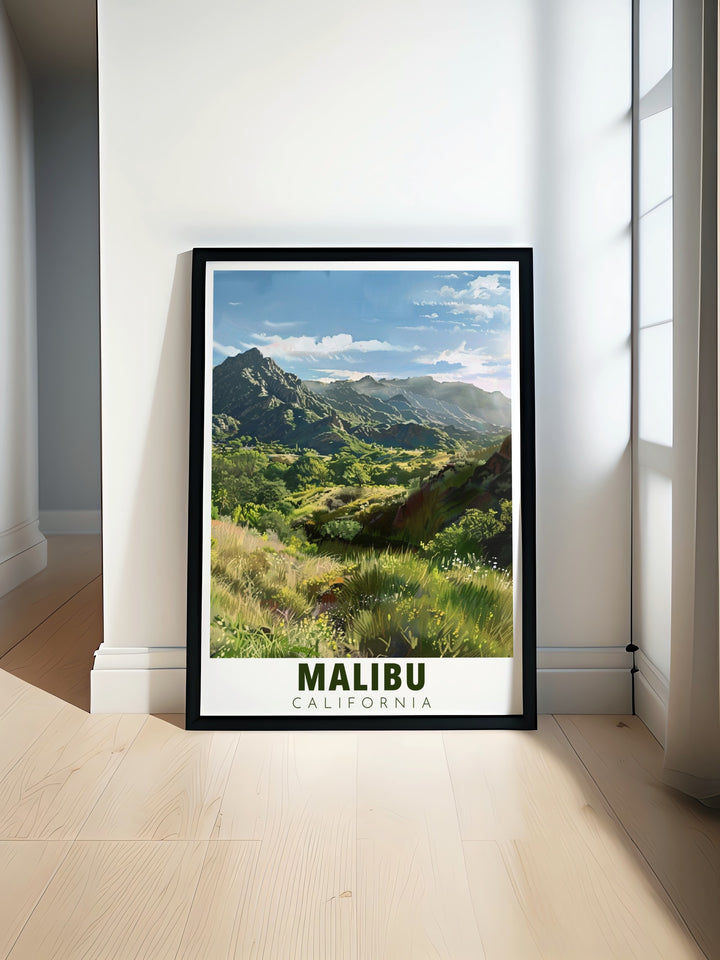 Malibu Poster Print showcasing a beautiful California coastal view perfect for adding a vintage touch to your space Creek State Park wall art brings nature indoors offering stunning living room decor for travel lovers and nature enthusiasts alike