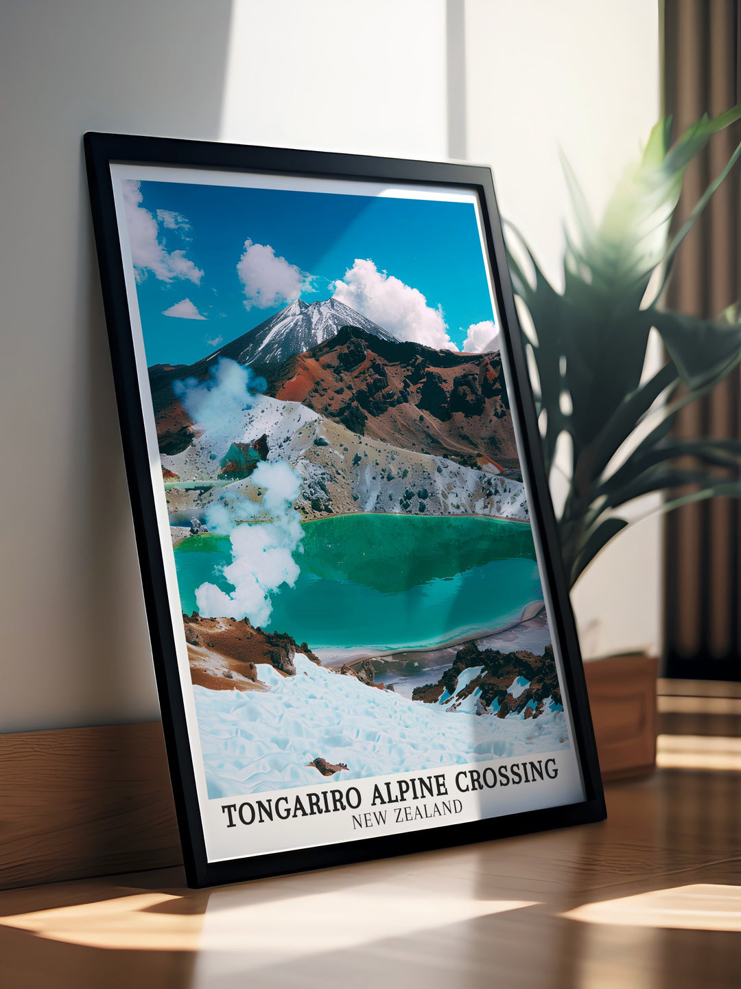 Tongariro Alpine Crossing travel poster features the awe inspiring volcanic landscape of New Zealands famous trail. From rugged peaks to serene craters, this poster is a must have for anyone who loves the adventure and beauty of outdoor exploration.