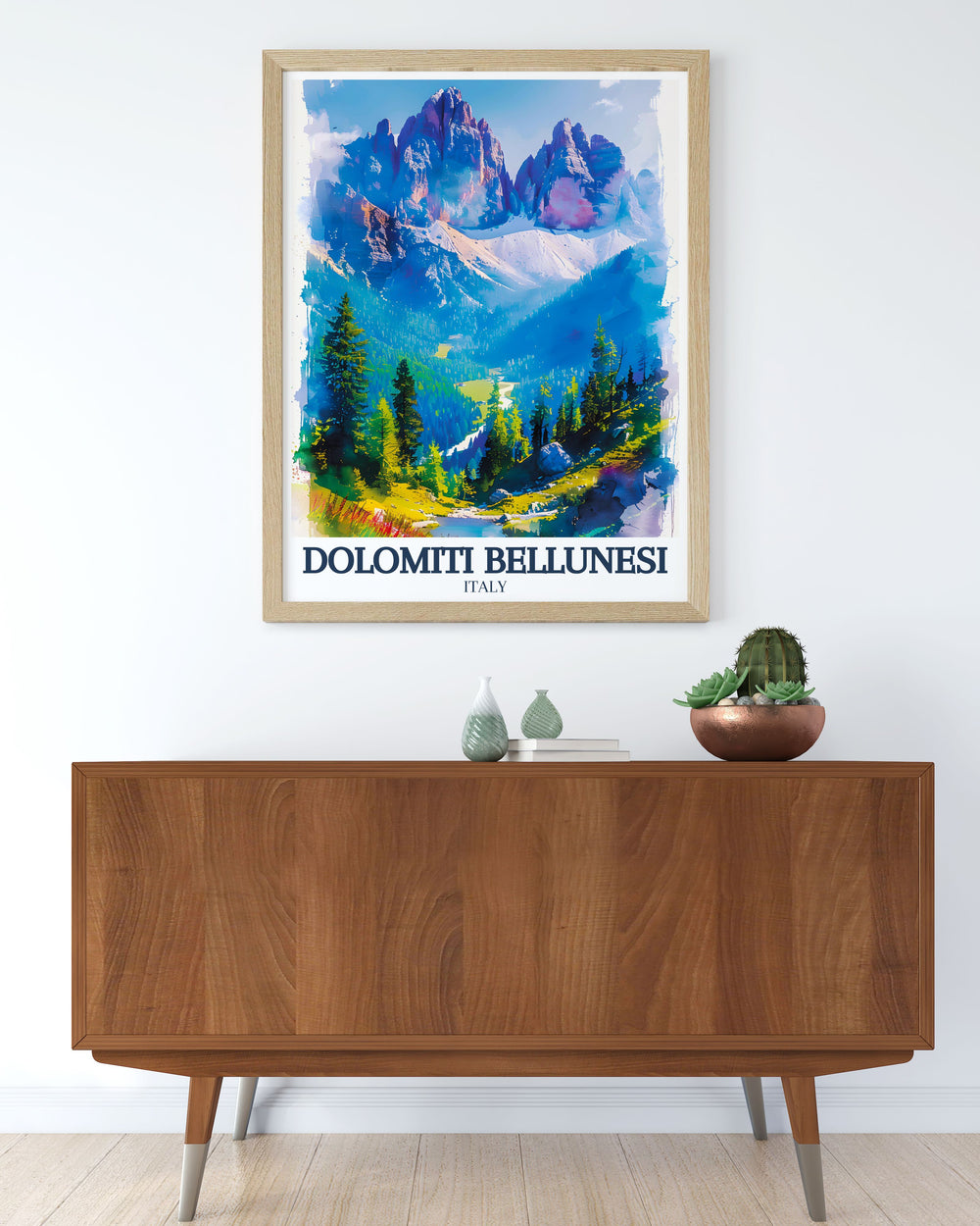 Vintage travel print of the Dolomite range showcasing the timeless charm and natural splendor of the Dolomiti Bellunesi ideal for adding a touch of classic elegance to your space.