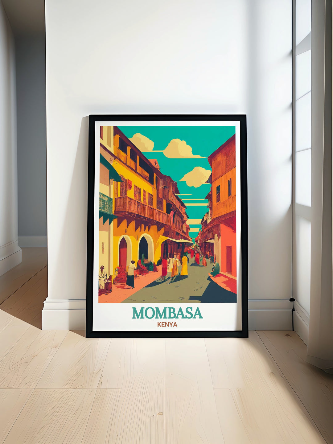 Immerse yourself in East African history with this stunning Kenya Travel Poster. Highlighting the architectural beauty of Mombasas Old Town, this print makes for a captivating addition to any home or office decor.