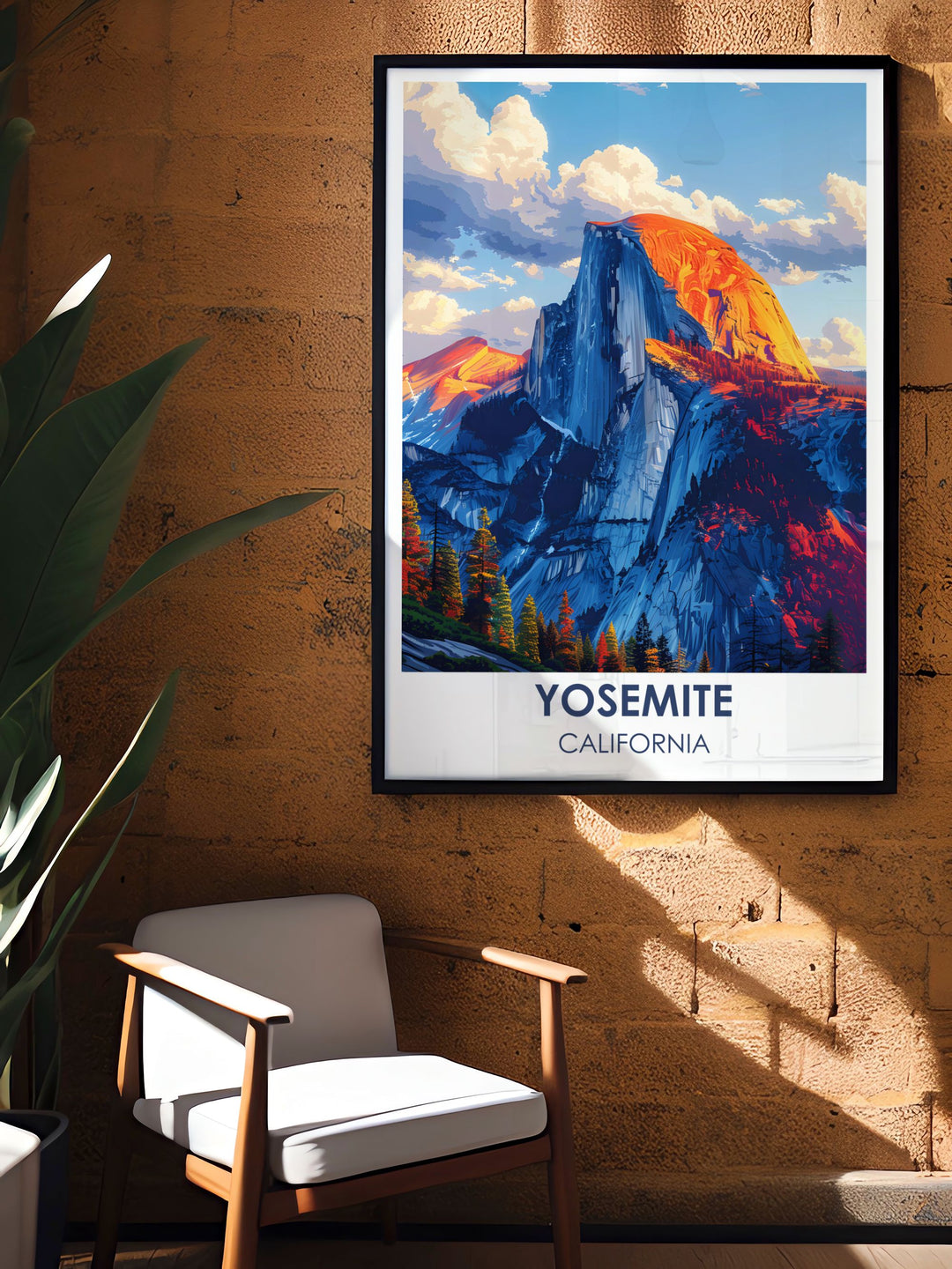 Yosemites Half Dome is beautifully illustrated in this travel poster, highlighting the majestic granite formation and the parks lush scenery, making it an excellent addition to any collection of fine art prints.