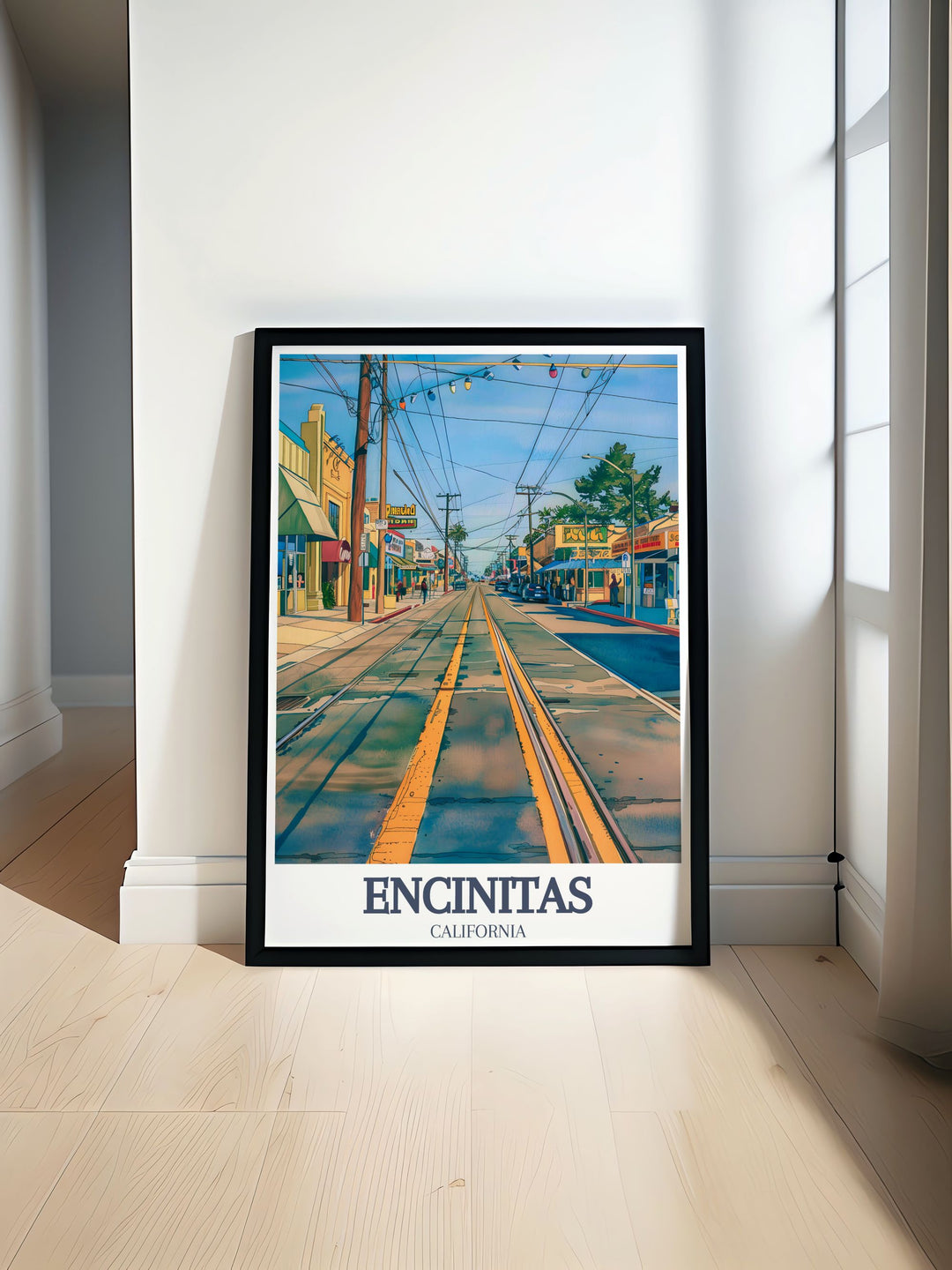 California poster featuring Downtown Encinitas Coast Highway 101 showcasing the vibrant coastal town with its stunning beach and cityscape perfect for personalized gifts and travel poster prints for home decor and art lovers
