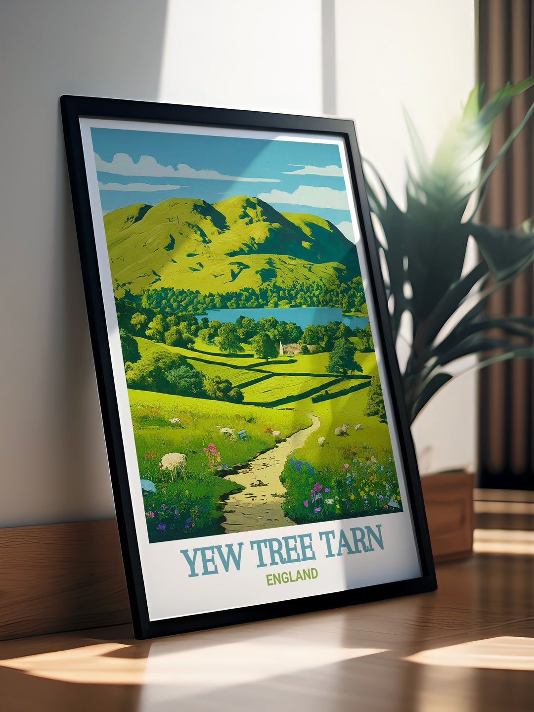 Fell walking print of Yew Tree Tarn in the Lake District, showcasing the serene waters and green landscapes with Loughrigg Fell in the background. A perfect addition to any art collection or as a thoughtful gift for nature enthusiasts.