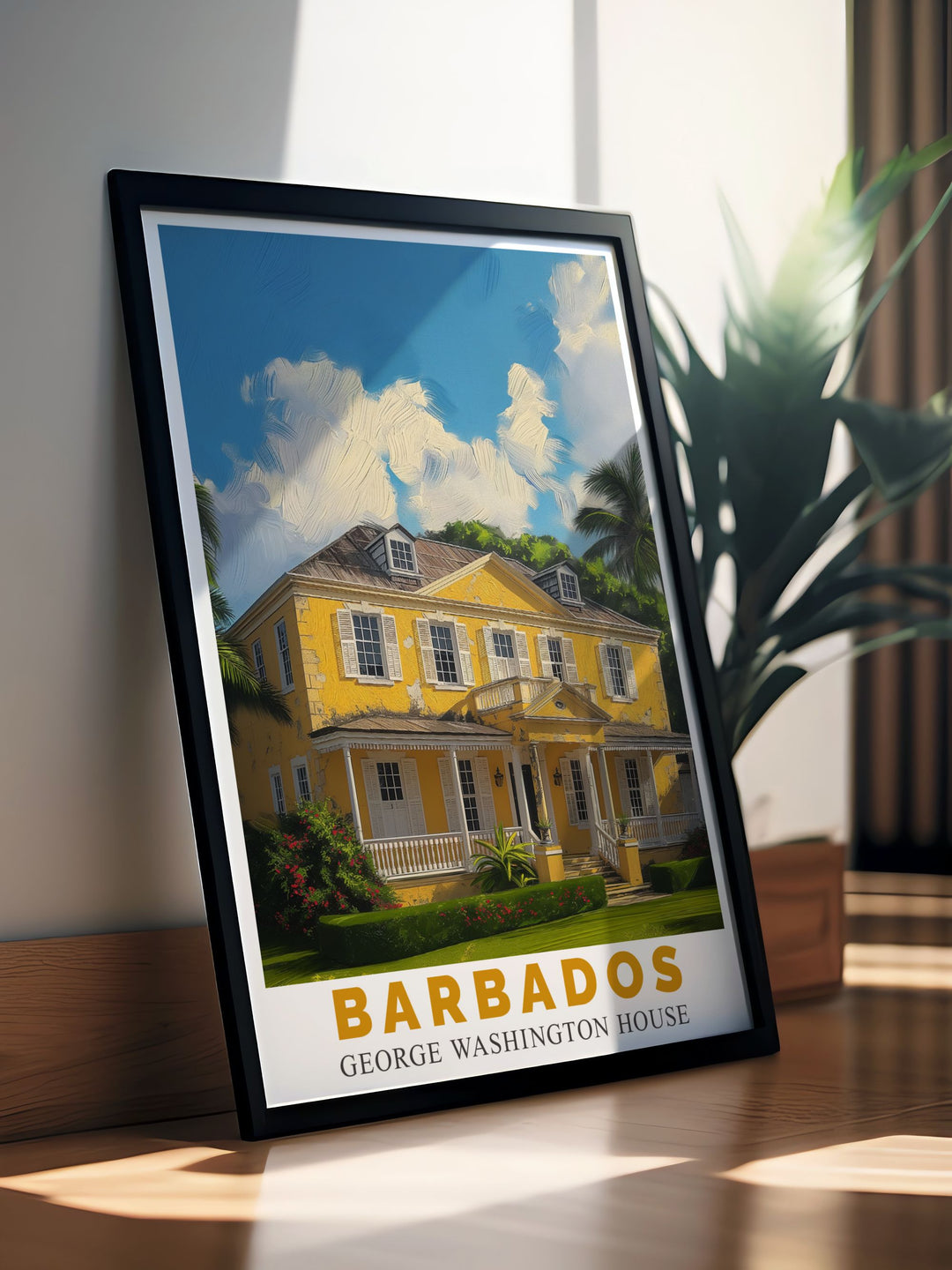 George Washington House travel poster offering a unique glimpse into the historical importance of this 18th century landmark in Barbados, meticulously preserved and restored to reflect its original grandeur, ideal for history enthusiasts.