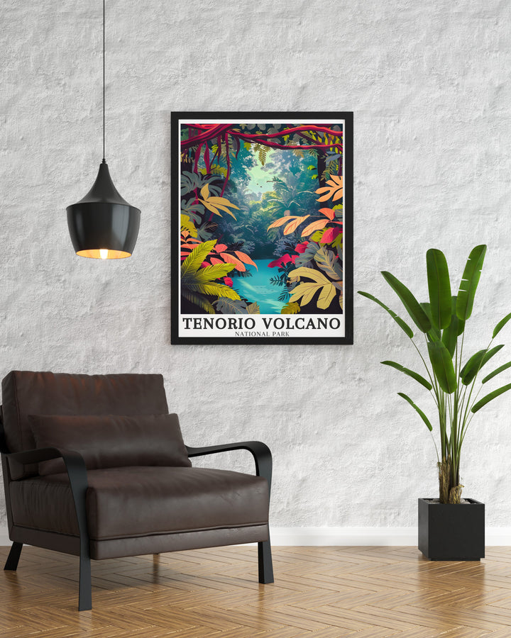 Detailed Tenorio Volcano Poster Print capturing the dramatic landscape of Costa Rica with vivid colors and intricate design ideal for living room decor and unique gifts.