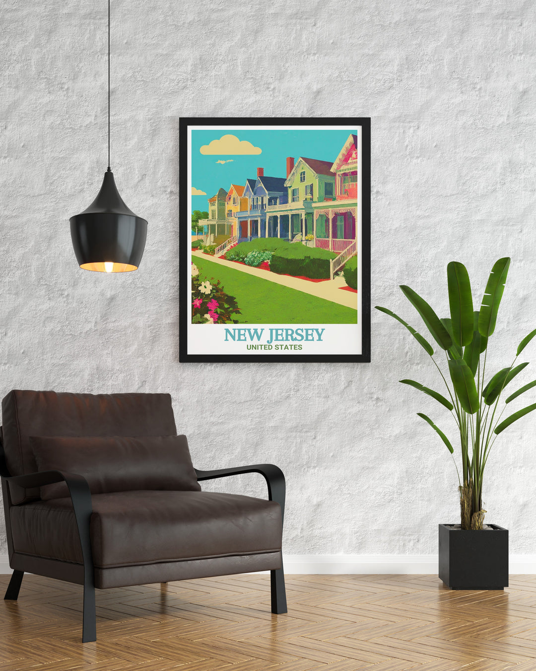 Scenic poster of Cape May, highlighting the iconic landmarks and serene beach views of New Jerseys coastline. Ideal for those who love the Jersey Shore. The detailed illustration and vibrant colors make this artwork a stunning addition to any room.