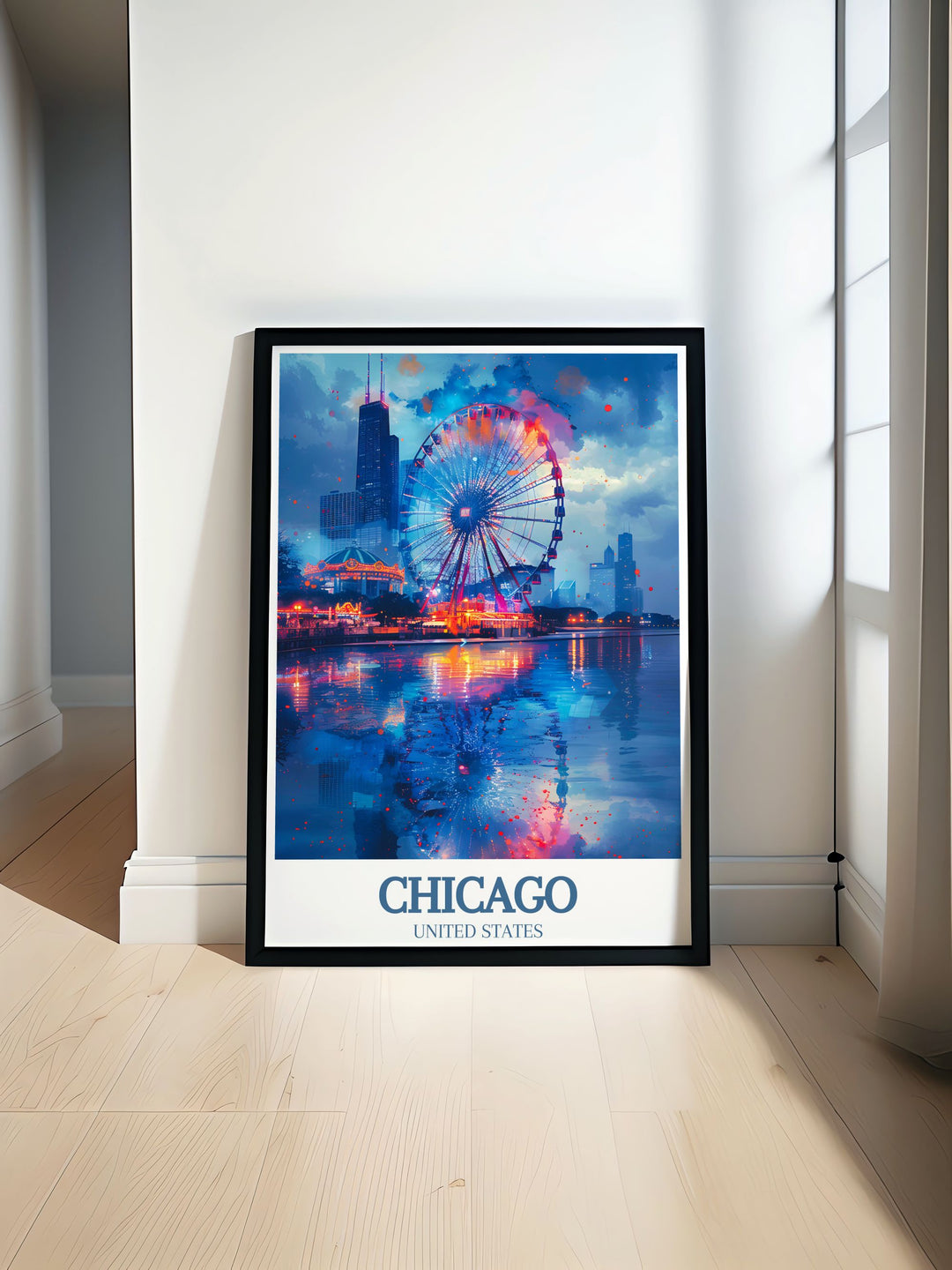 Capture the essence of Chicago with this stunning wall art print, featuring Navy Piers lively activities and architectural wonders. The iconic Centennial Wheel is beautifully illustrated in this travel poster, ideal for enhancing any room with urban sophistication.
