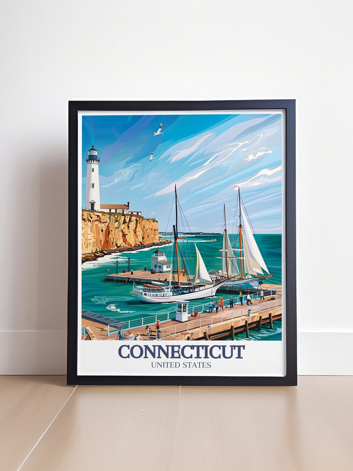 Connecticut travel print with Mystic Seaport Mystic Seaport Light modern art and Bridgeport poster for stunning living room decor ideal for those who love Connecticuts maritime history and want to celebrate with personalized gifts and wall art.