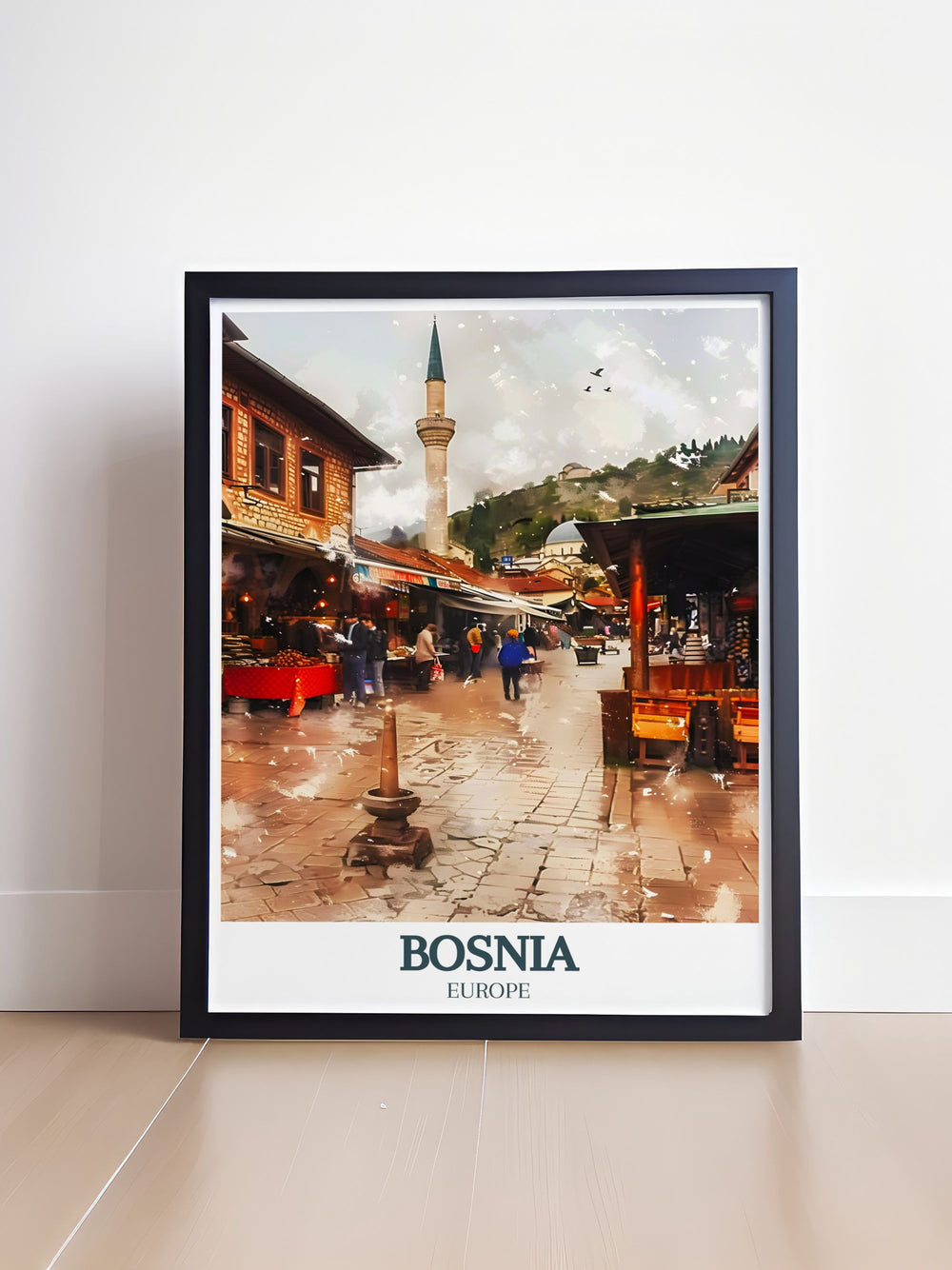 Experience the beauty of Bascarsija, the Old Bazaar, Gazi Husrev beg Mosque with this captivating Bosnia art print. Ideal for travel enthusiasts this Bosnia painting brings the essence of Sarajevos historic charm into your living space.