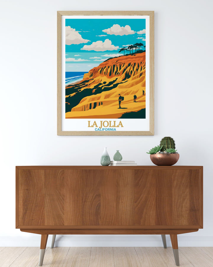 La Jolla Cove Art Print highlights the stunning coastal landscape of La Jolla and the iconic Torrey Pines State Natural Reserve. This travel print brings the serene beauty of Californias coastline into your living space, making it a great addition to coastal or beach themed decor.