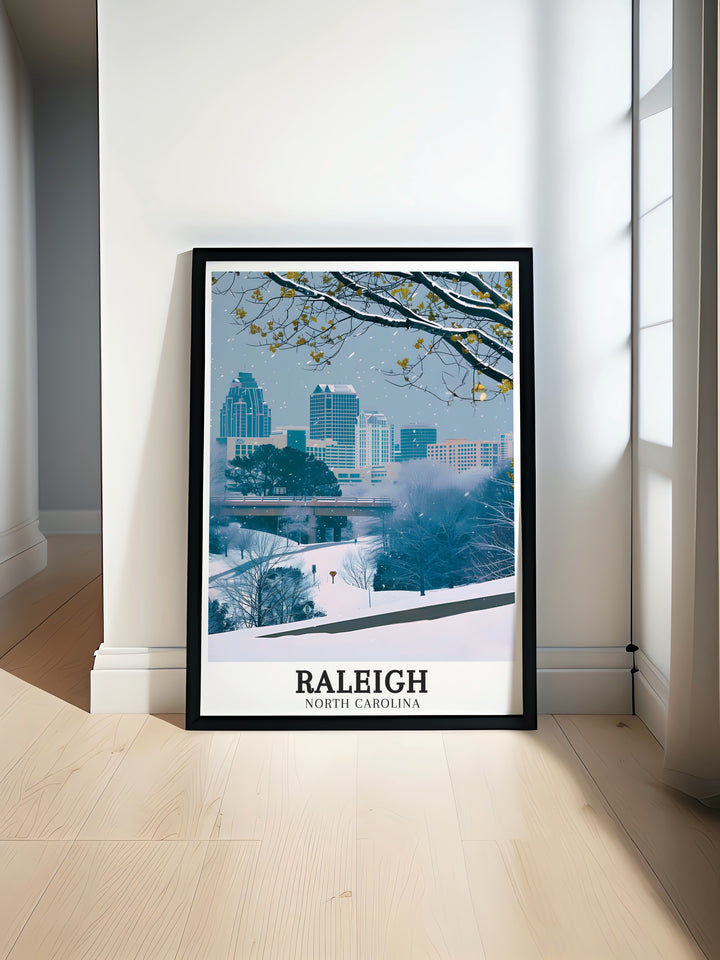 Captivating Raleigh art print depicting the architectural beauty of Raleighs skyline and the cultural richness of Chapel Hill. The print reflects the unique character and Southern heritage of these two North Carolina landmarks, making it a perfect piece for any home