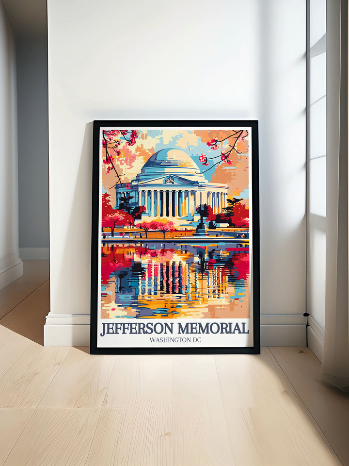 Celebrate the legacy of Thomas Jefferson with this striking art print of the Jefferson Memorial. The detailed depiction of the grand rotunda and Tidal Basin reflects Washingtons historical beauty, making this travel print a must have for any patriotic space.