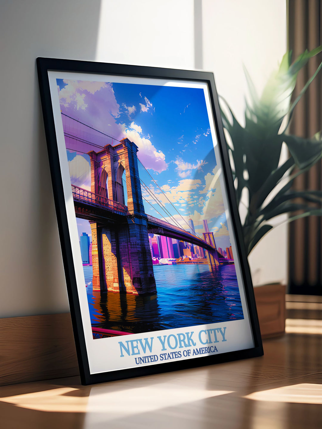 Elegant home decor with Brooklyn Bridge framed prints capturing the beauty of New York watercolour skyline art