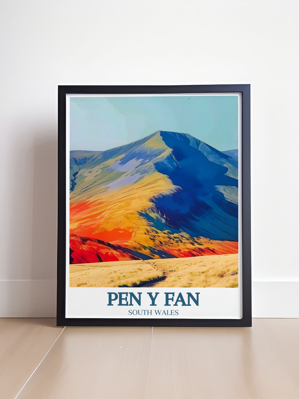 Beautiful Brecon Beacons Travel Poster featuring the iconic Pen Y Fan Mountain. This South Wales art print is ideal for those who appreciate natural landscapes and want to bring a touch of the Welsh countryside into their home decor.