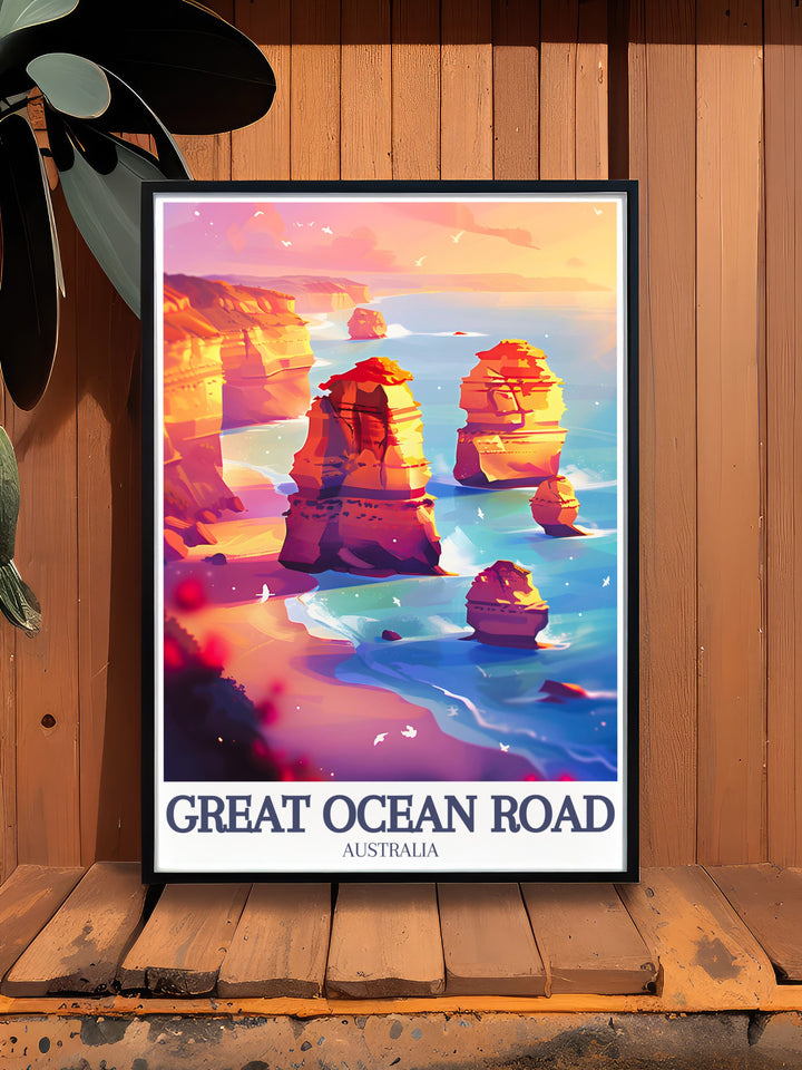 The dramatic cliffs and ocean vistas of the Great Ocean Road are brought to life in this travel print. Featuring the Twelve Apostles and the Southern Ocean, this piece is ideal for anyone who loves Australias wild beauty and wants to bring it into their living space.