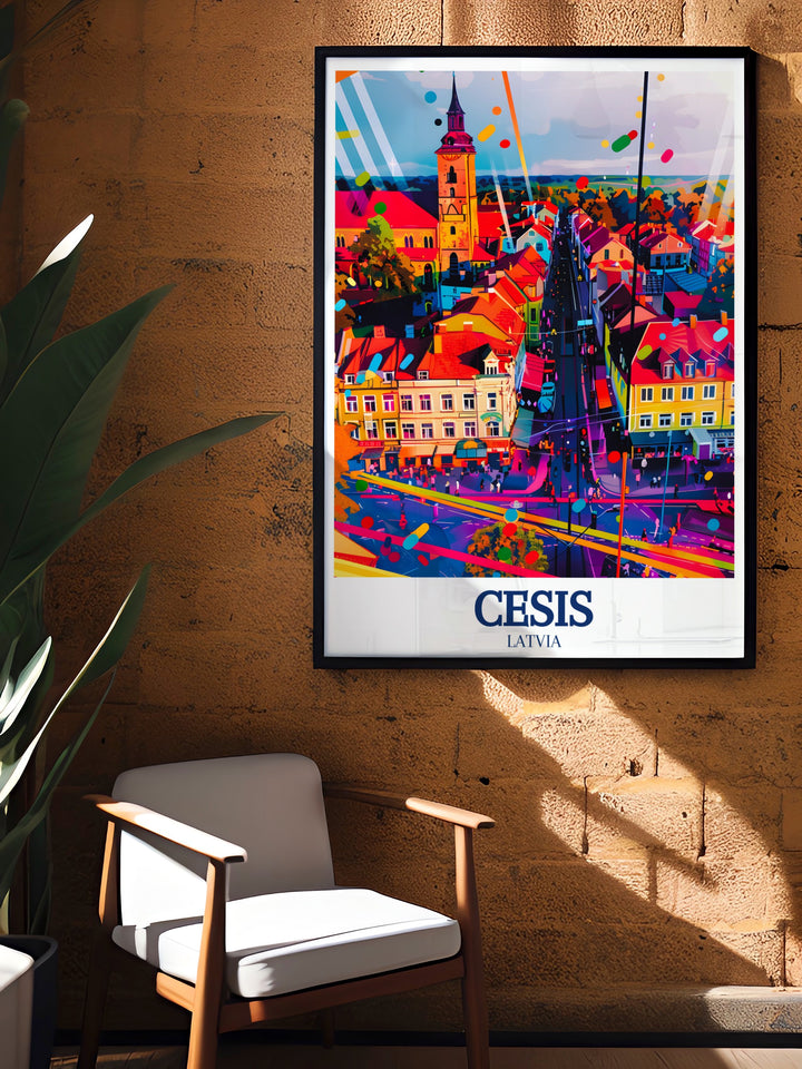 Custom wall art depicting Cēsis Old Town and St. Johns Church in Latvia. This artwork brings the towns ancient streets and architectural beauty into your home, making it a standout piece for history enthusiasts and art lovers alike.