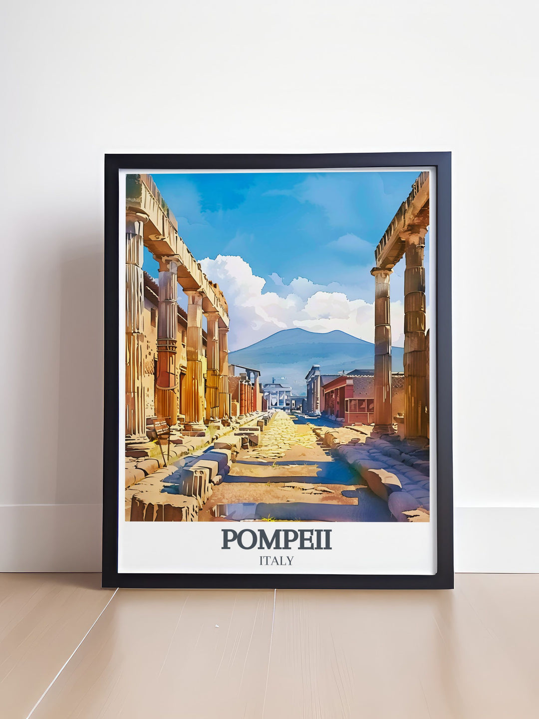 An exquisite Pompeii travel print highlighting the Scavi di Pompei and the towering Mount Vesuvius an elegant home decor piece for art lovers and history buffs.