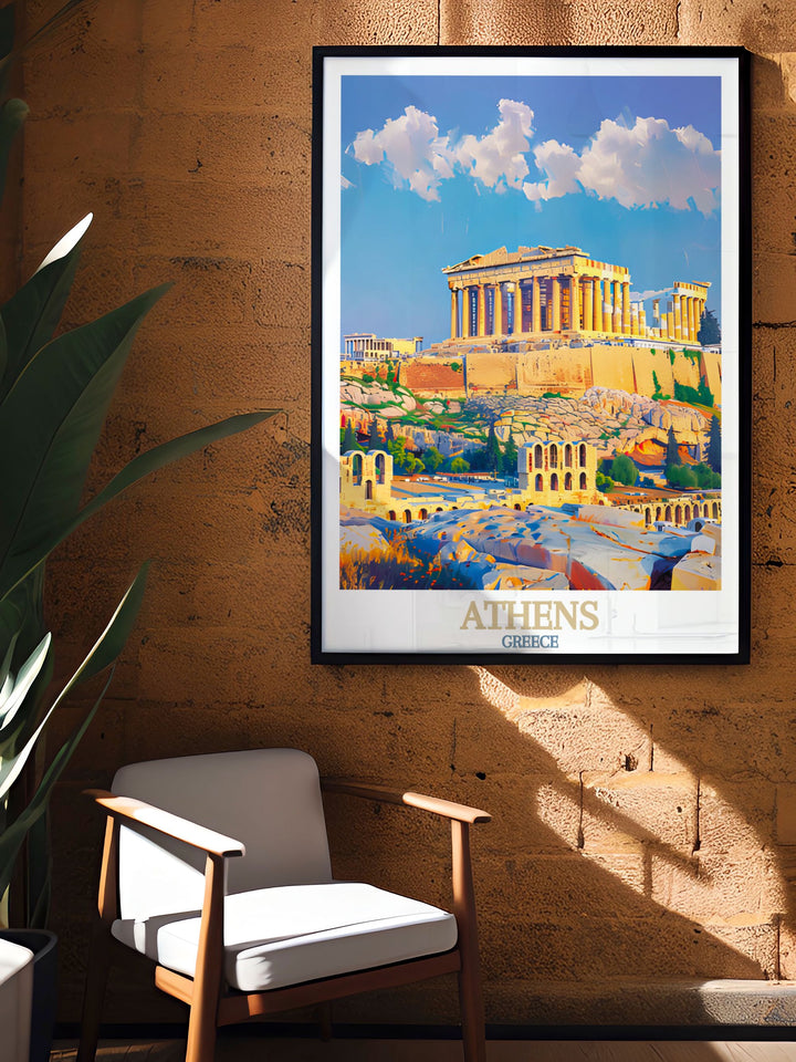 Greece island print featuring The Acropolis in Athens beautiful travel decor for home or office suitable for gifts for art lovers and history enthusiasts