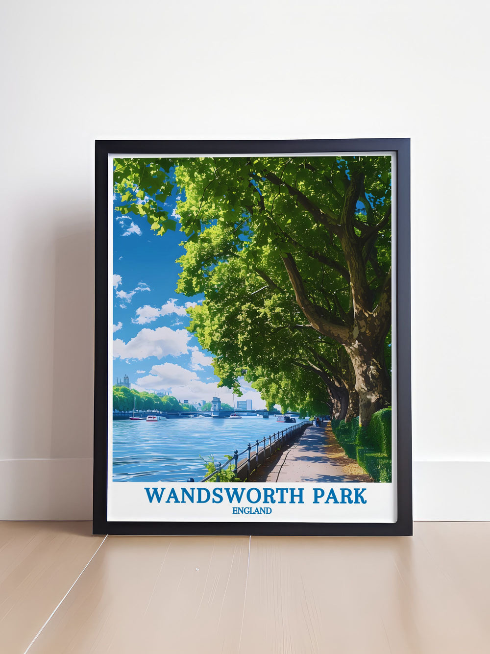 This fine art print of Wandsworth Park features the picturesque riverside walk, offering a glimpse into the parks serene landscapes and vibrant greenery. A wonderful piece for adding a touch of Londons natural beauty to your home, it celebrates the parks role as a peaceful retreat and a historical landmark in the city.