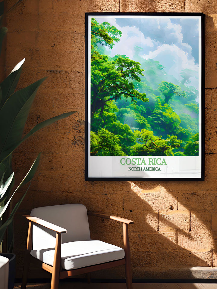 Elegant Costa Rica wall art depicting Monteverde Cloud Forest Reserve and Saint Teresa, showcasing the areas natural beauty and serene charm. Perfect for adding sophistication and a touch of the tropics to any room.