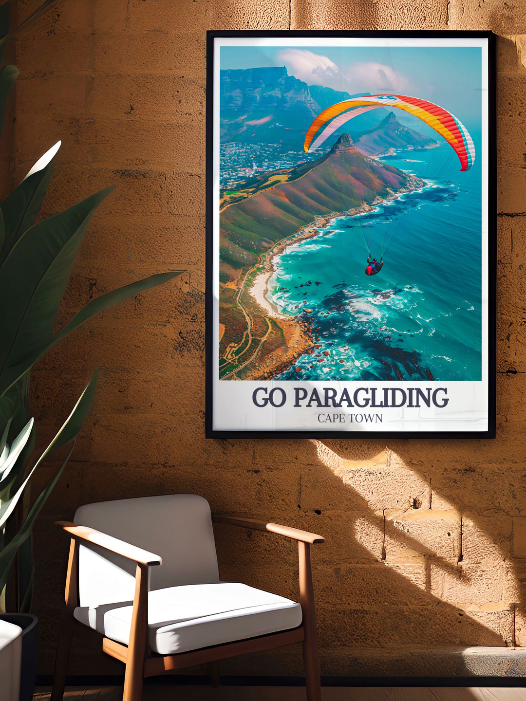 Travel poster of Cape Town, capturing the breathtaking views from a paragliders perspective. This print is perfect for those who love adventure and the natural beauty of South Africa.