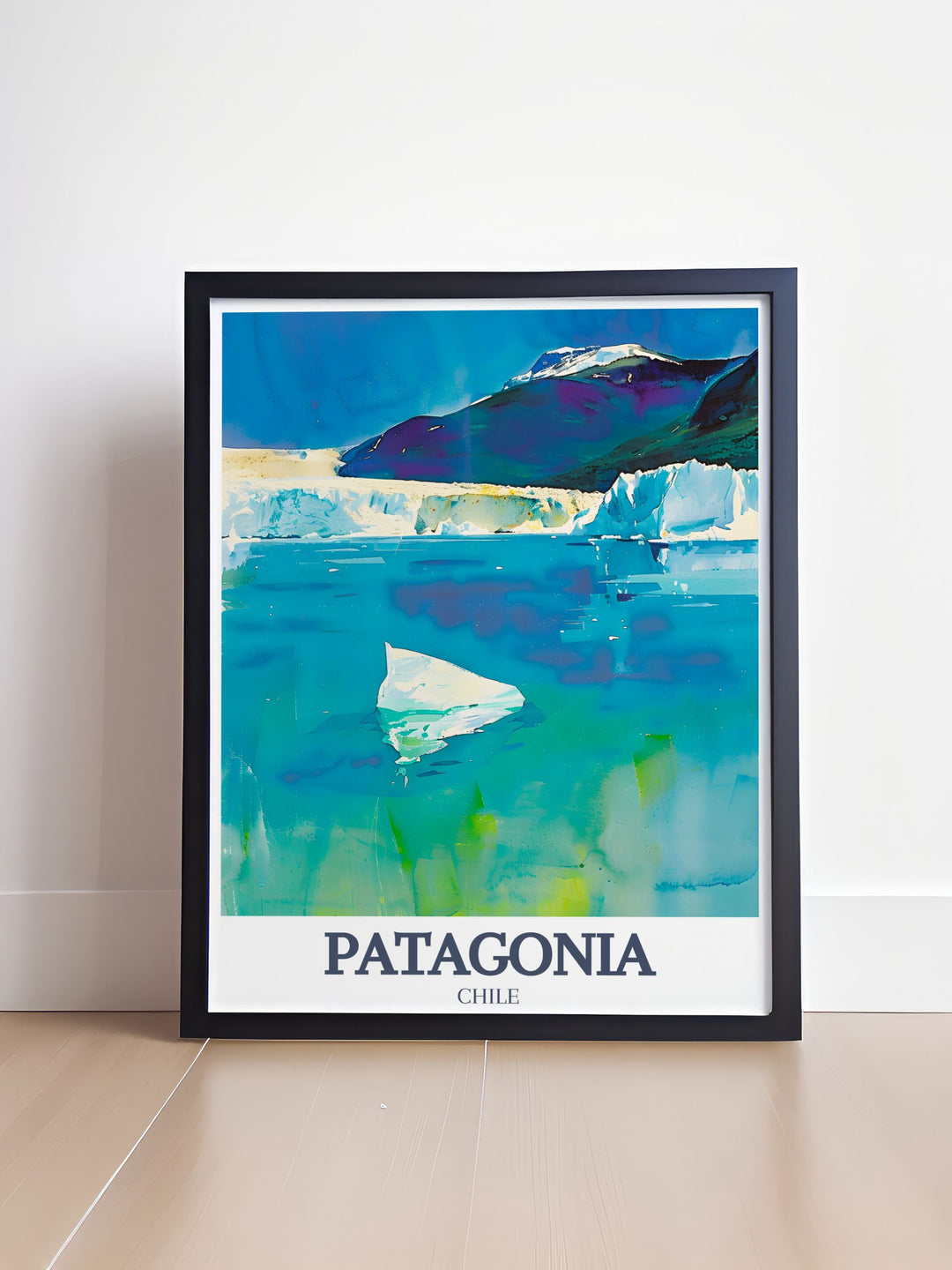 Patagonia Poster Print showcasing the breathtaking scenery of the Andean mountains and the peaceful Lago Argentino. Ideal for anyone who loves nature and travel, this print adds a sense of tranquility and adventure to any space.