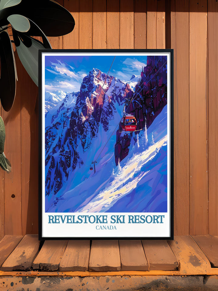 Framed Print Art of Mount Mackenzie and the Revelation Gondola cable car. This Skiing Wall Art captures the thrill of Revelstoke Canada and adds a touch of elegance to your home.